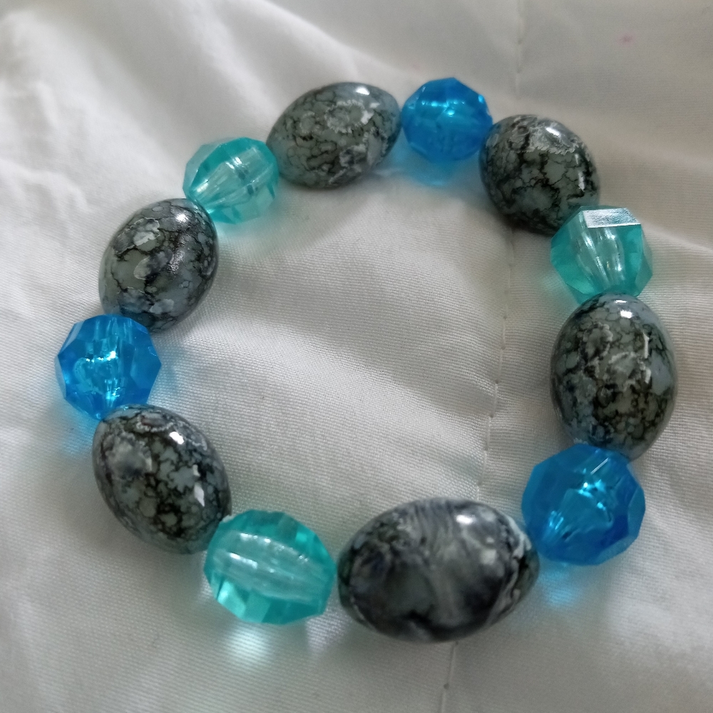 hand crafted Black Jasper and Cerulean beaded stretch statement bracelet